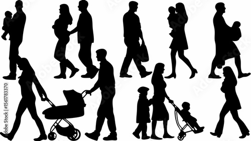 Silhouette depictions of families with parents and children walking together in various poses
