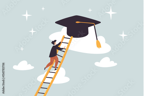 Education degree achievement, graduation or college, university diploma, school or learning classroom, wisdom or scholar concept, young adult student climb up ladder to reach graduate mortarboard 