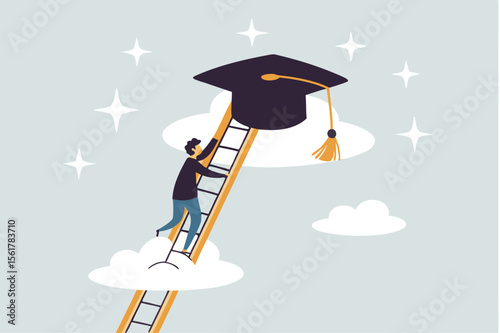 Education degree achievement, graduation or college, university diploma, school or learning classroom, wisdom or scholar concept, young adult student climb up ladder to reach graduate mortarboard 