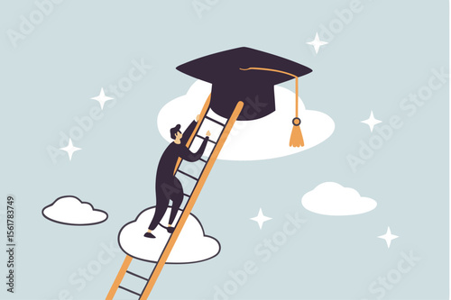 Education degree achievement, graduation or college, university diploma, school or learning classroom, wisdom or scholar concept, young adult student climb up ladder to reach graduate mortarboard 