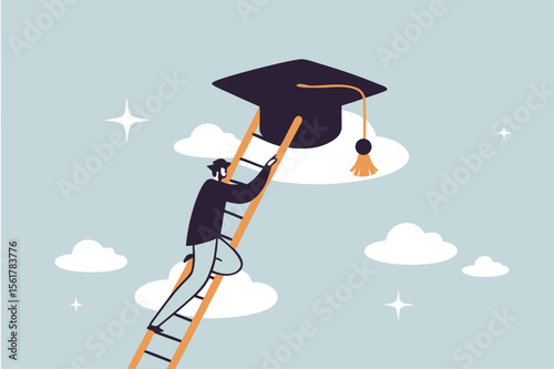Education degree achievement, graduation or college, university diploma, school or learning classroom, wisdom or scholar concept, young adult student climb up ladder to reach graduate mortarboard 