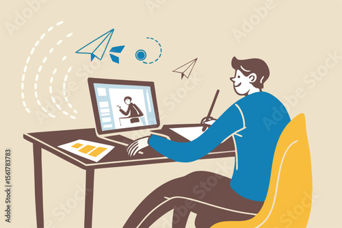 Study online course, learning new skill from internet or e-learning website, training or online class for knowledge concept, young adult employee studying online course on computer laptop.