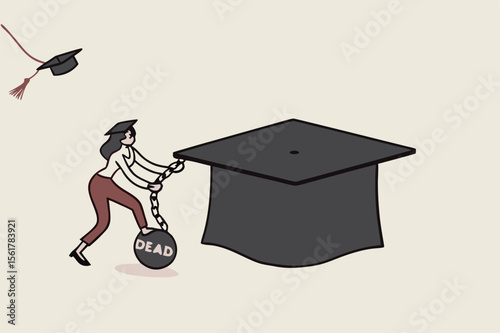 Student loan debt pay off or forgiveness program, cut education expense or reduce fee concept, young adult woman cut chain to relief from student loan debt burden metal ball from graduated mortarboard