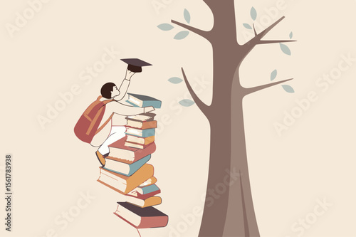 Building knowledge and skill for success opportunity and career growth, help create self-motivation and creativity, graduated woman climb stack of book and try reaching out mortarboard hanging on tree