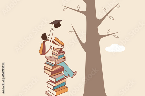 Building knowledge and skill for success opportunity and career growth, help create self-motivation and creativity, graduated woman climb stack of book and try reaching out mortarboard hanging on tree