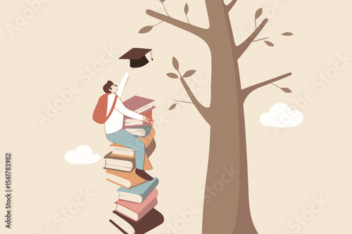Building knowledge and skill for success opportunity and career growth, help create self-motivation and creativity, graduated woman climb stack of book and try reaching out mortarboard hanging on tree