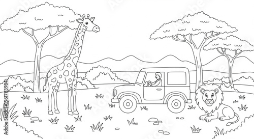 African Safari Adventure Giraffe, Lion, and Jeep Coloring Page