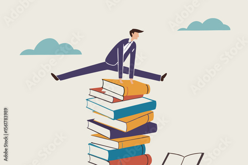 Education or knowledge, challenge to read books or study new skill, wisdom or intelligence for career opportunity concept, smart businessman jump over high books stack.