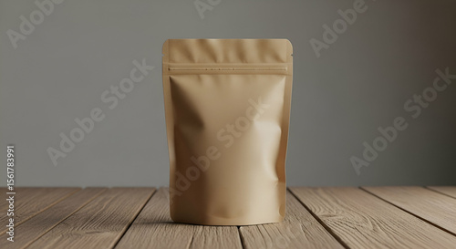 Stylish and Minimalistic Brown Packaging Bag on Wooden Table for Product Display and Branding Purposes in a Modern Setting
