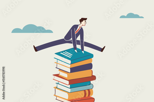 Education or knowledge, challenge to read books or study new skill, wisdom or intelligence for career opportunity concept, smart businessman jump over high books stack.