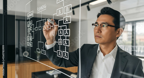 Business Professional Engaging in Strategic Planning while Writing on Transparent Whiteboard in Modern Office Environment