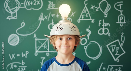 Young boy with colander hat and light bulb representing creativity and ideas, standing in front of chalkboard filled with math and science symbols