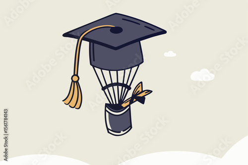 Education or knowledge to growth career path, working skill to success in work, learn or study new course for business success concept, businessman fly graduation mortar hat balloon see future vision.