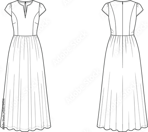 V-neck short sleeve maxi dress front and back, cad drawing flat vector illustration, slit neckline, flowing skirt, fitted bodice sketch