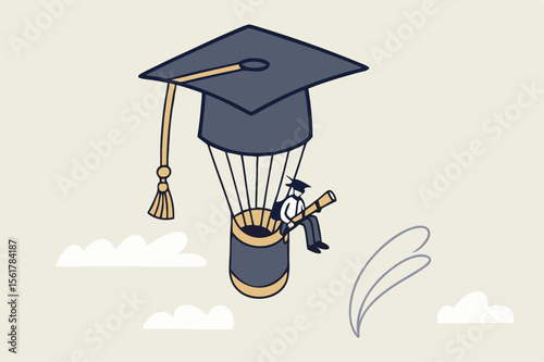 Education or knowledge to growth career path, working skill to success in work, learn or study new course for business success concept, businessman fly graduation mortar hat balloon see future vision.