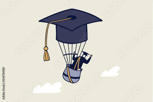 Education or knowledge to growth career path, working skill to success in work, learn or study new course for business success concept, businessman fly graduation mortar hat balloon see future vision.