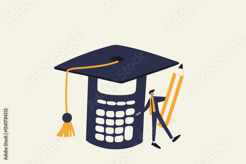 Graduate student standing with mortar board hat calculator. Student loan calculation, education budget allocation, university expense and debt pay off or scholarship payment. stock illustration