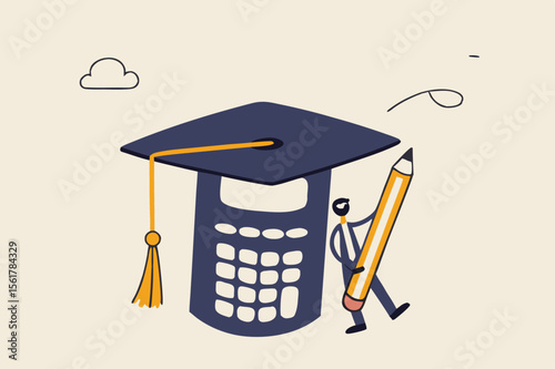 Graduate student standing with mortar board hat calculator. Student loan calculation, education budget allocation, university expense and debt pay off or scholarship payment. stock illustration