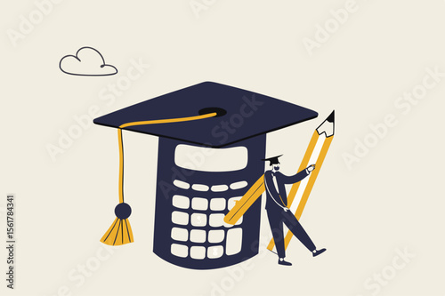 Graduate student standing with mortar board hat calculator. Student loan calculation, education budget allocation, university expense and debt pay off or scholarship payment. stock illustration