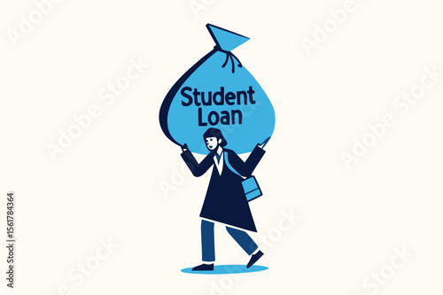 Student loan, saving for school, university or college study cost concept, graduated student wearing graduation ceremony suit holding heavy expensive student loan money bag