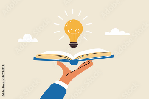 Unlock Your Potential: Hand Holding an Open Book with a Glowing Light Bulb, Symbolizing Education, Learning, Knowledge, Creativity, Inspiration, and Innovative Ideas for Success and Growth
