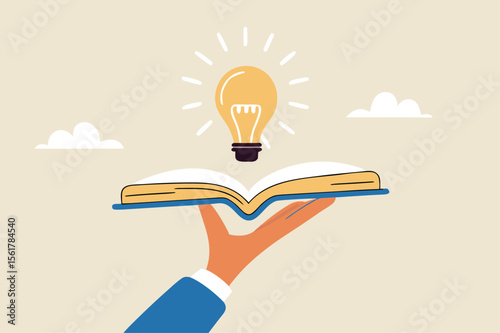 Unlock Your Potential: Hand Holding an Open Book with a Glowing Light Bulb, Symbolizing Education, Learning, Knowledge, Creativity, Inspiration, and Innovative Ideas for Success and Growth