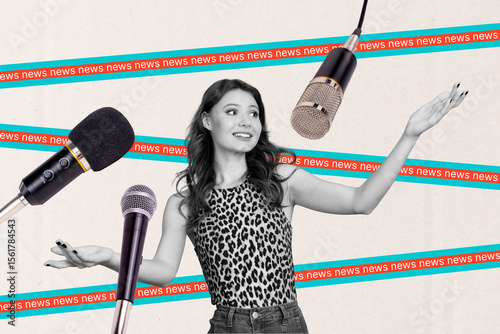 Zine banner full photo collage of happy correspondent girl speak microphone news agitation reportage karaoke event singer paparazzi