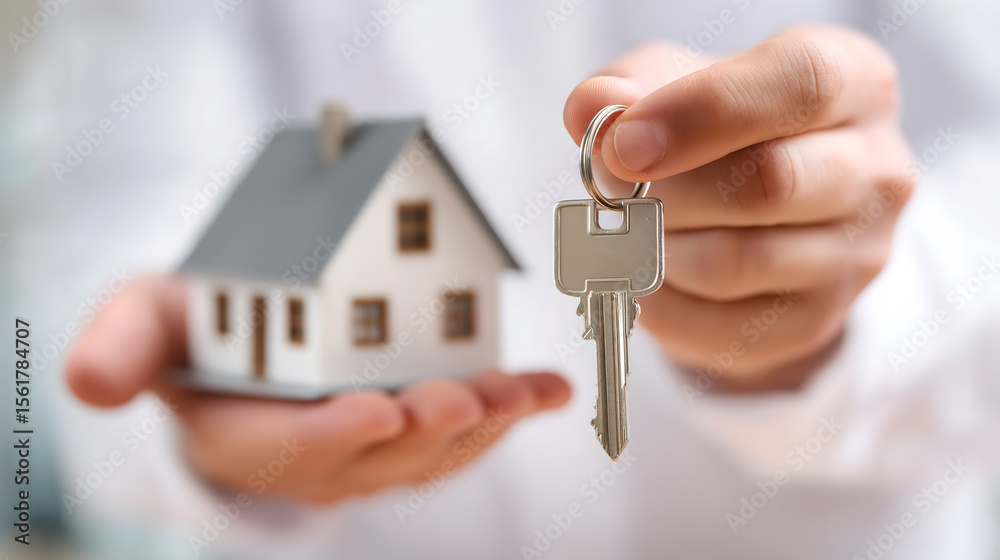 Real estate agent handing over keys to buyer with model house in hand - purchasing house concept Real estate agent handing over keys to buyer with model house in hand - purchasing house concept