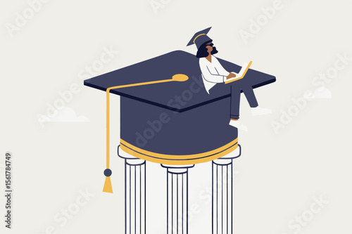 Curriculum, learning or education, student academic, study new knowledge or scholarship, learning lesson, certificate or graduated concept, smart woman learning with laptop on mortarboard pillars.
