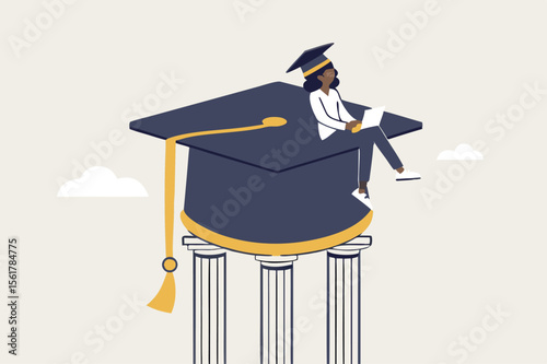 Curriculum, learning or education, student academic, study new knowledge or scholarship, learning lesson, certificate or graduated concept, smart woman learning with laptop on mortarboard pillars.
