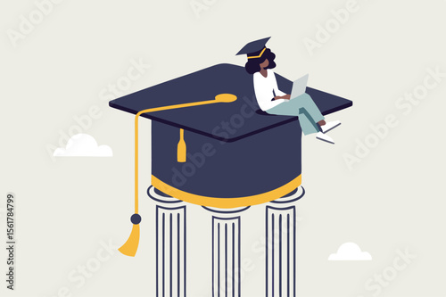 Curriculum, learning or education, student academic, study new knowledge or scholarship, learning lesson, certificate or graduated concept, smart woman learning with laptop on mortarboard pillars.