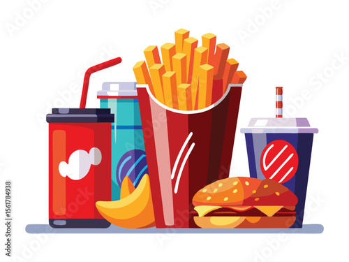 Burger fries and drinks combo meal with banana slices isolated on white background
