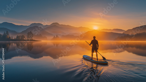 Person stand up paddleboarding at sunrise on a calm lake