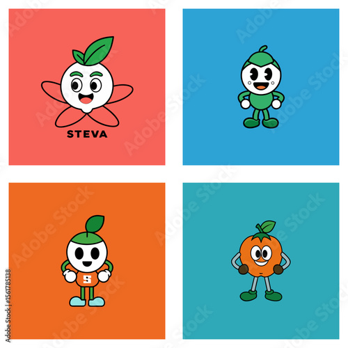 Cartoon fruit characters in colorful squares with different poses and expressions displayed nicely