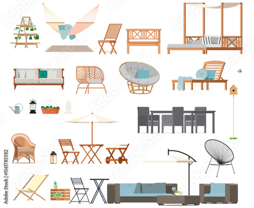 Set of isolated garden furniture made of rattan, wood, vine. Cozy wicker chairs, umbrellas, sun loungers, sofas, tables.