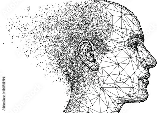 Human head with network polygon mesh structure. Connection communication design element. 