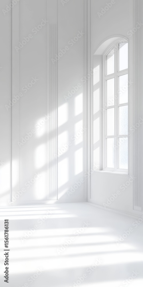 Fototapeta premium Bright and Serene Studio Space Bathed in Sunlight, Showcasing Light, Shadows, and Elegant Textures