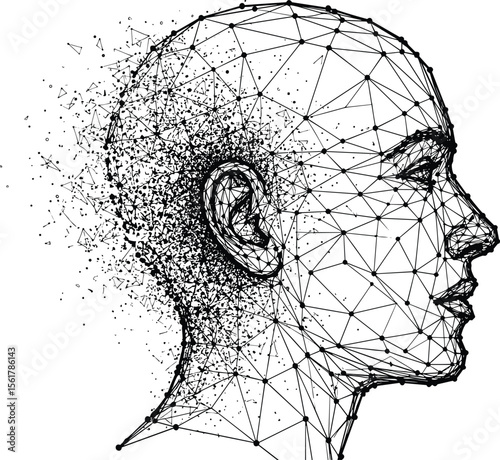 Human head with network polygon mesh structure. Connection communication design element. 