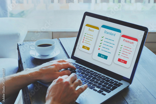 subscription plan for online service, SaaS concept software as a service, man choosing online education course, buy streaming access