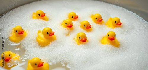 Yellow rubber ducks bobbing merrily in a frothy bubble bath,  refreshing,  bright