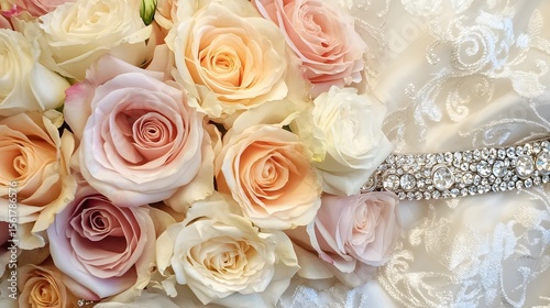 Elegant Bridal Bouquet Roses and Diamond Belt Closeup