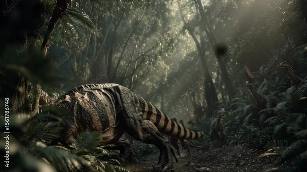 Ancient Predator in a Lush Jungle: A colossal prehistoric reptile prowls stealthily through a dense, verdant jungle. The scene is lit by dappled sunlight.
