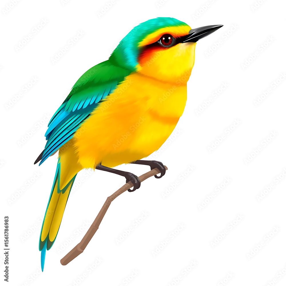 Fototapeta premium Vibrant Yellow and Blue-Green Stylized Bird Perched on a Branch