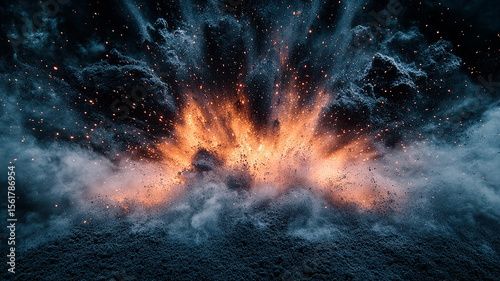 Abstract burst of dark, textured particles with a vibrant highlight. Dramatic explosion with a dark foreground and bright orange light.