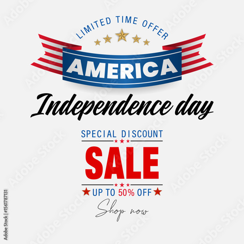 Holiday background with handwriting texts and national flag colors for Fourth of July, American Independence day sales, commercial events; Vector illustration.