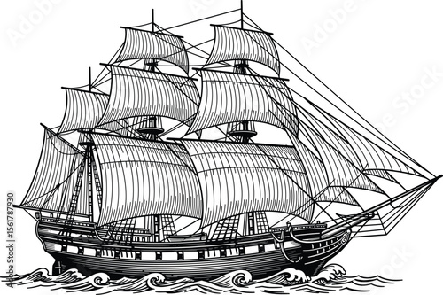 Woodcut illustration of an old ship. Vintage grunge vector design element for artworks, poster, cards, web and collages.