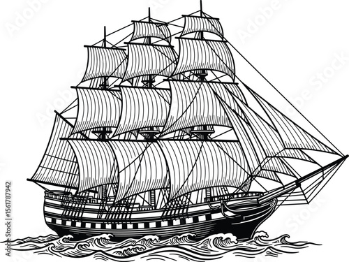 Woodcut illustration of an old ship. Vintage grunge vector design element for artworks, poster, cards, web and collages.