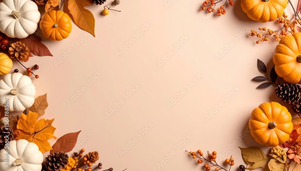 Fototapeta premium Autumn harvest celebration with pumpkins and leaves seasonal decor cozy home environment top-down view festive concept