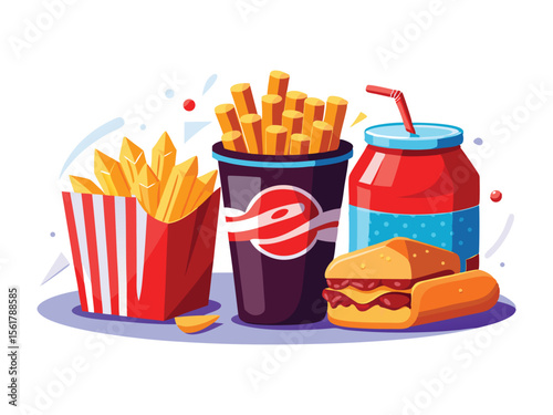 Delicious fast food meal with burger fries and soda isolated on white background
