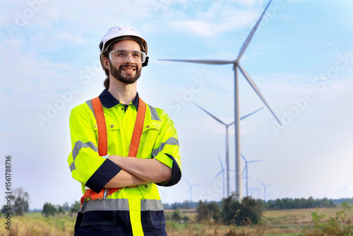 Engineer or architect with helmet working with laptop for inspection details on construction site with wind turbine farm sunset background. Asian foreman working in renewable energy business.